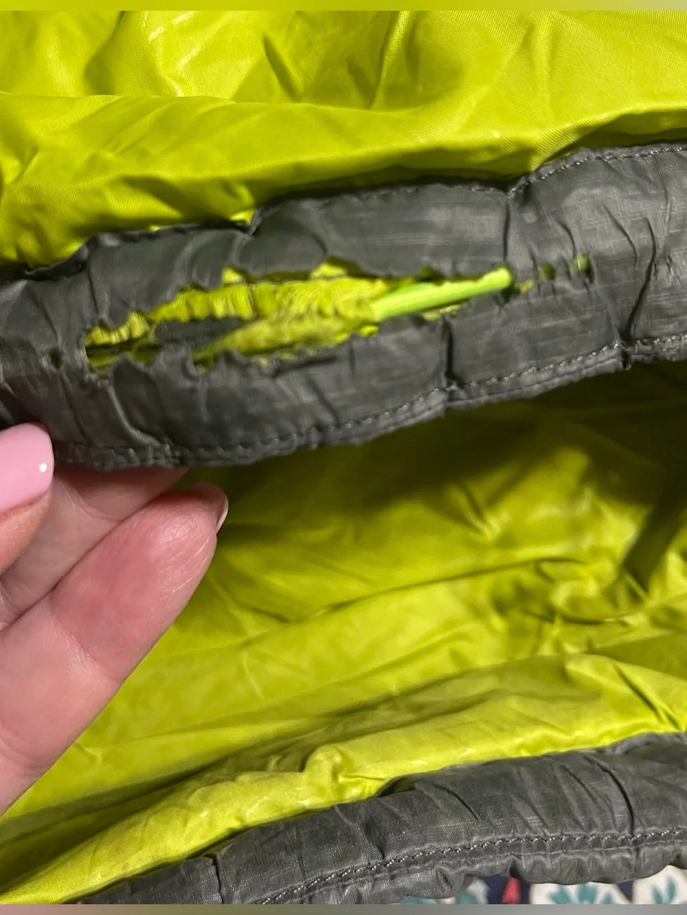 Outdoor Research Transcendent Down Jacket Mens L Gray Neon Goose Puffer **READ**